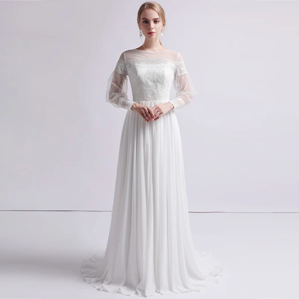 Moderne / Mode Ivoire Chiffon Transparentes Robe De Mariée 2019 Gaine / Ajustement Encolure Carrée Gonflée Manches Longues Train De Balayage Volants