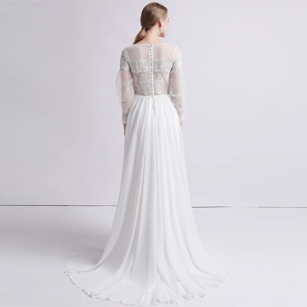 Moderne / Mode Ivoire Chiffon Transparentes Robe De Mariée 2019 Gaine / Ajustement Encolure Carrée Gonflée Manches Longues Train De Balayage Volants