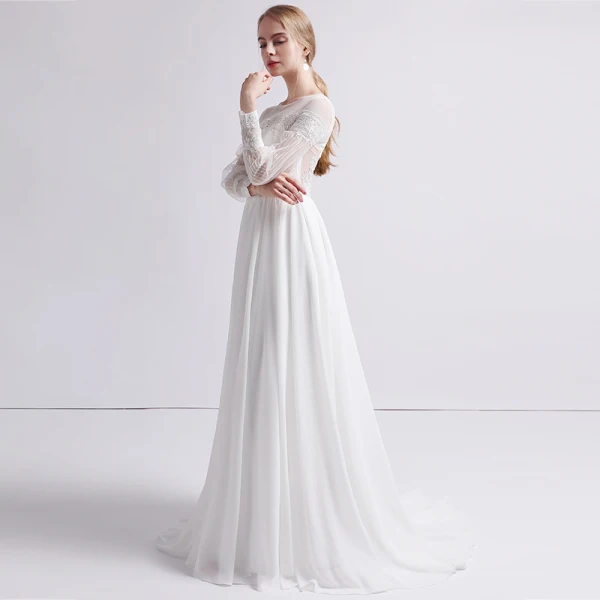 Moderne / Mode Ivoire Chiffon Transparentes Robe De Mariée 2019 Gaine / Ajustement Encolure Carrée Gonflée Manches Longues Train De Balayage Volants