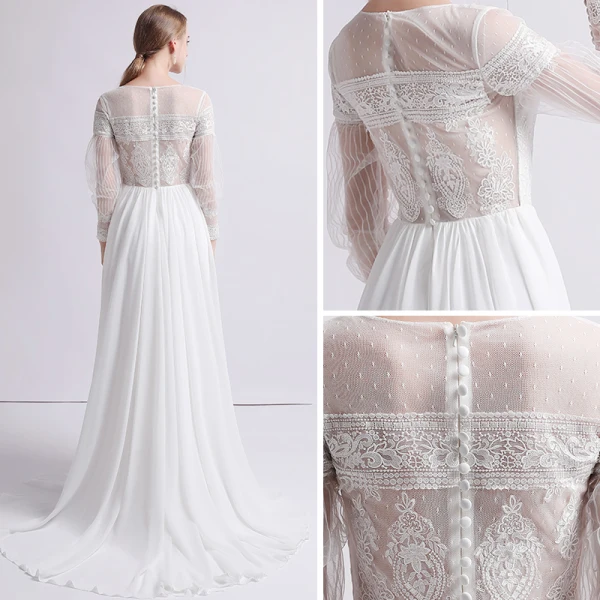 Moderne / Mode Ivoire Chiffon Transparentes Robe De Mariée 2019 Gaine / Ajustement Encolure Carrée Gonflée Manches Longues Train De Balayage Volants