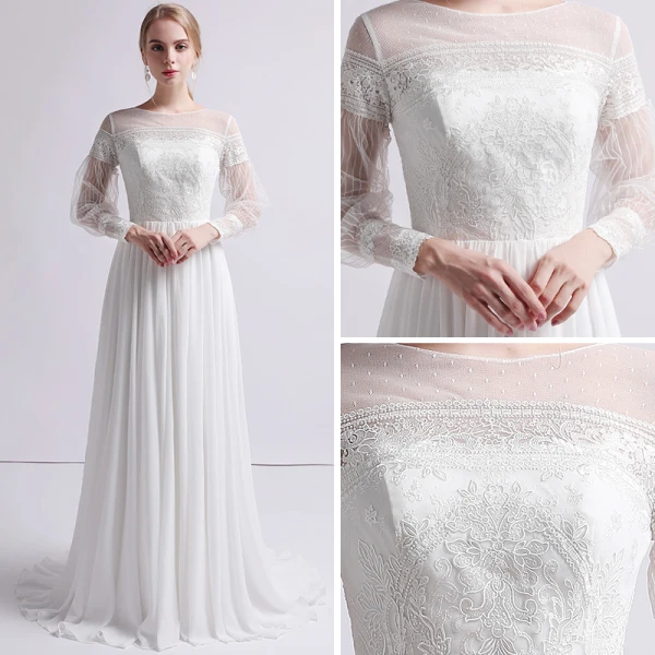 Moderne / Mode Ivoire Chiffon Transparentes Robe De Mariée 2019 Gaine / Ajustement Encolure Carrée Gonflée Manches Longues Train De Balayage Volants