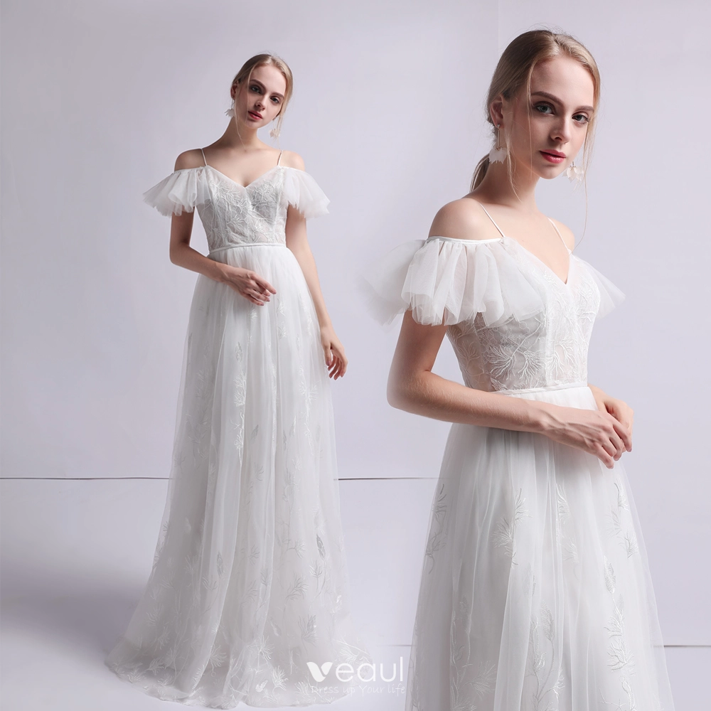 Elegant Ivory Beach Wedding Dresses 2019 A-Line / Princess Spaghetti ...