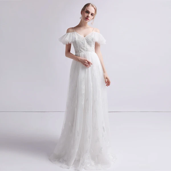 Elegant Ivory Beach Wedding Dresses 2019 A-Line / Princess Spaghetti Straps Short Sleeve Backless Appliques Lace Floor-Length / Long Ruffle