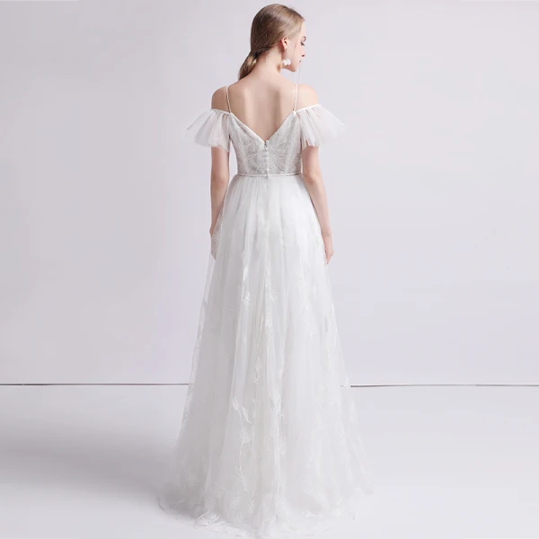 Elegant Ivory Beach Wedding Dresses 2019 A-Line / Princess Spaghetti Straps Short Sleeve Backless Appliques Lace Floor-Length / Long Ruffle