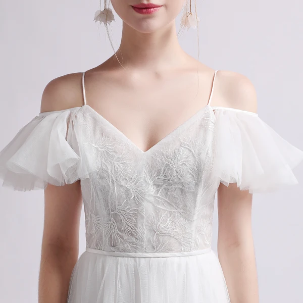 Elegant Ivory Beach Wedding Dresses 2019 A-Line / Princess Spaghetti Straps Short Sleeve Backless Appliques Lace Floor-Length / Long Ruffle