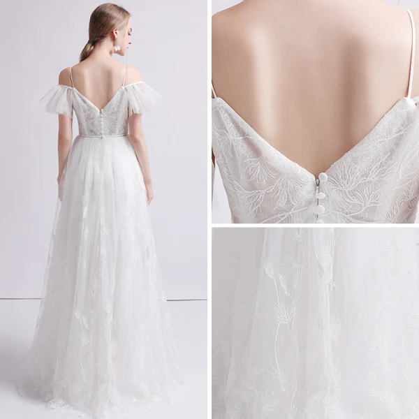 Elegant Ivory Beach Wedding Dresses 2019 A-Line / Princess Spaghetti Straps Short Sleeve Backless Appliques Lace Floor-Length / Long Ruffle