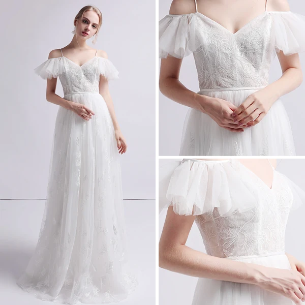 Elegant Ivory Beach Wedding Dresses 2019 A-Line / Princess Spaghetti Straps Short Sleeve Backless Appliques Lace Floor-Length / Long Ruffle