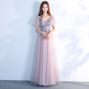 Elegant Grey Pearl Pink Prom Dresses 2018 Empire V Neck Short Sleeve Appliques Lace Beading Floor Length Long Ruffle Backless Formal Dresses