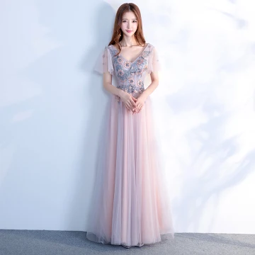 Elegante Grijs Parel Roze Galajurken 2018 Imperium V Hals Korte Mouwen Appliques Kant Kralen Lange Ruche Ruglooze Gelegenheid Jurken