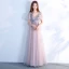 Elegant Grey Pearl Pink Prom Dresses 2018 Empire V-Neck Short Sleeve Appliques Lace Beading Floor-Length / Long Ruffle Backless Formal Dresses