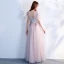 Elegant Grey Pearl Pink Prom Dresses 2018 Empire V-Neck Short Sleeve Appliques Lace Beading Floor-Length / Long Ruffle Backless Formal Dresses
