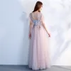 Elegant Grey Pearl Pink Prom Dresses 2018 Empire V-Neck Short Sleeve Appliques Lace Beading Floor-Length / Long Ruffle Backless Formal Dresses