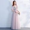 Elegant Grey Pearl Pink Prom Dresses 2018 Empire V-Neck Short Sleeve Appliques Lace Beading Floor-Length / Long Ruffle Backless Formal Dresses