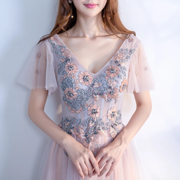 Elegant Grey Pearl Pink Prom Dresses 2018 Empire V-Neck Short Sleeve Appliques Lace Beading Floor-Length / Long Ruffle Backless Formal Dresses