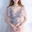 Elegant Grey Pearl Pink Prom Dresses 2018 Empire V-Neck Short Sleeve Appliques Lace Beading Floor-Length / Long Ruffle Backless Formal Dresses