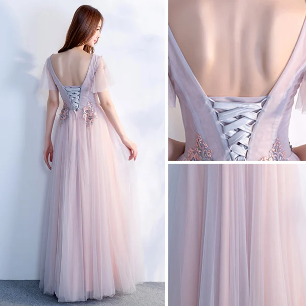 Elegant Grey Pearl Pink Prom Dresses 2018 Empire V-Neck Short Sleeve Appliques Lace Beading Floor-Length / Long Ruffle Backless Formal Dresses