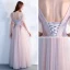 Elegant Grey Pearl Pink Prom Dresses 2018 Empire V-Neck Short Sleeve Appliques Lace Beading Floor-Length / Long Ruffle Backless Formal Dresses