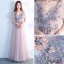 Elegant Grey Pearl Pink Prom Dresses 2018 Empire V-Neck Short Sleeve Appliques Lace Beading Floor-Length / Long Ruffle Backless Formal Dresses