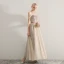 Élégant Champagne Robe De Soirée 2019 Princesse De l'épaule Manches Courtes Perlage Ceinture Longue Volants Dos Nu Robe De Ceremonie