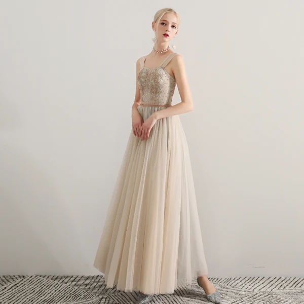 Élégant Champagne Robe De Soirée 2019 Princesse De l'épaule Manches Courtes Perlage Ceinture Longue Volants Dos Nu Robe De Ceremonie