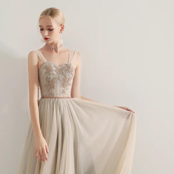 Élégant Champagne Robe De Soirée 2019 Princesse De l'épaule Manches Courtes Perlage Ceinture Longue Volants Dos Nu Robe De Ceremonie