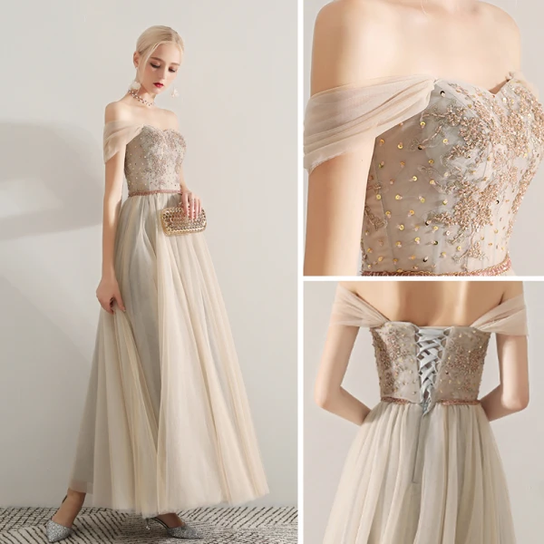 Élégant Champagne Robe De Soirée 2019 Princesse De l'épaule Manches Courtes Perlage Ceinture Longue Volants Dos Nu Robe De Ceremonie