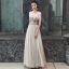 Elegante Champagner Grau Abendkleider 2019 A Linie Off Shoulder Kurze Ärmel Perlenstickerei Stoffgürtel Lange Rüschen Rückenfreies Festliche Kleider