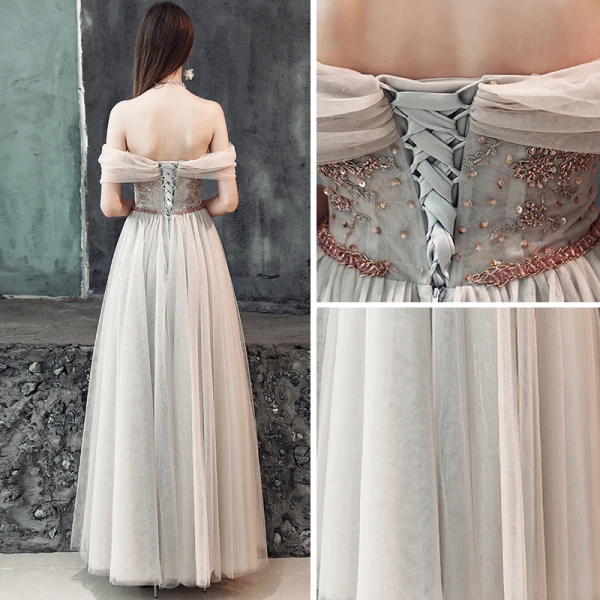 Elegante Champagner Grau Abendkleider 2019 A Linie Off Shoulder Kurze Ärmel Perlenstickerei Stoffgürtel Lange Rüschen Rückenfreies Festliche Kleider