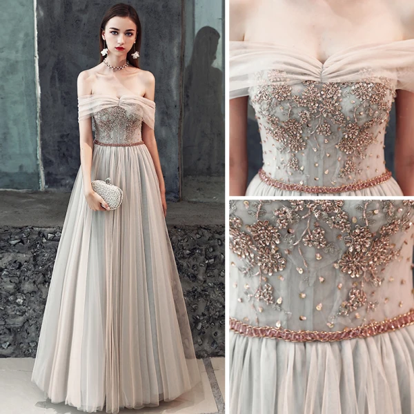 Elegante Champagner Grau Abendkleider 2019 A Linie Off Shoulder Kurze Ärmel Perlenstickerei Stoffgürtel Lange Rüschen Rückenfreies Festliche Kleider