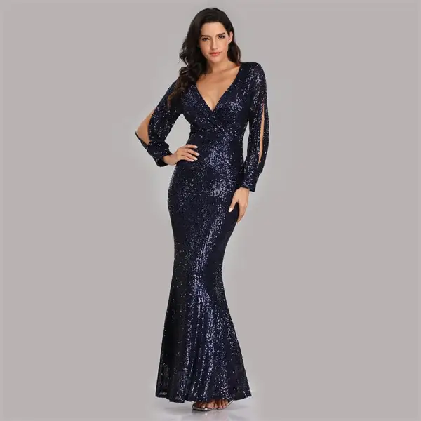 Sparkly Black Sequins Evening Dresses 2023 Trumpet / Mermaid V-Neck Long Sleeve Floor-Length / Long Evening Party Formal Dresses