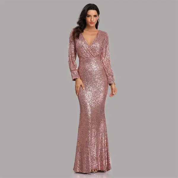 Sparkly Black Sequins Evening Dresses 2023 Trumpet / Mermaid V-Neck Long Sleeve Floor-Length / Long Evening Party Formal Dresses