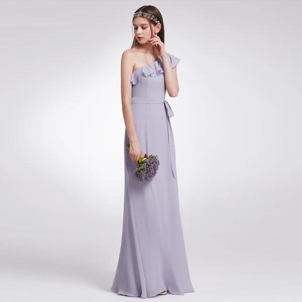 Modest / Simple Lavender Chiffon Bridesmaid Dresses 2019 A-Line / Princess  One-Shoulder Sleeveless Sash Floor-Length / Long Ruffle Backless Wedding  Party Dresses