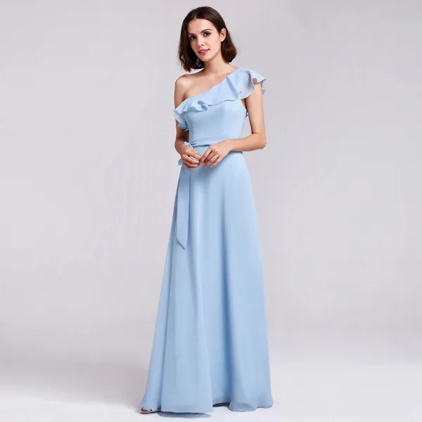 Modest / Simple Lavender Chiffon Bridesmaid Dresses 2019 A-Line / Princess One-Shoulder Sleeveless Sash Floor-Length / Long Ruffle Backless Wedding