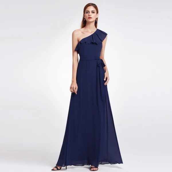 Modest / Simple Lavender Chiffon Bridesmaid Dresses 2019 A-Line / Princess One-Shoulder Sleeveless Sash Floor-Length / Long Ruffle Backless Wedding