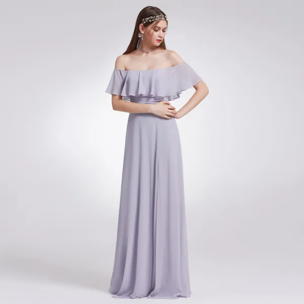 Modest / Simple Lavender Chiffon Bridesmaid Dresses 2019 A-Line / Princess Off-The-Shoulder Short Sleeve Split Front Floor-Length / Long Ruffle Backless Wedding Party Dresses
