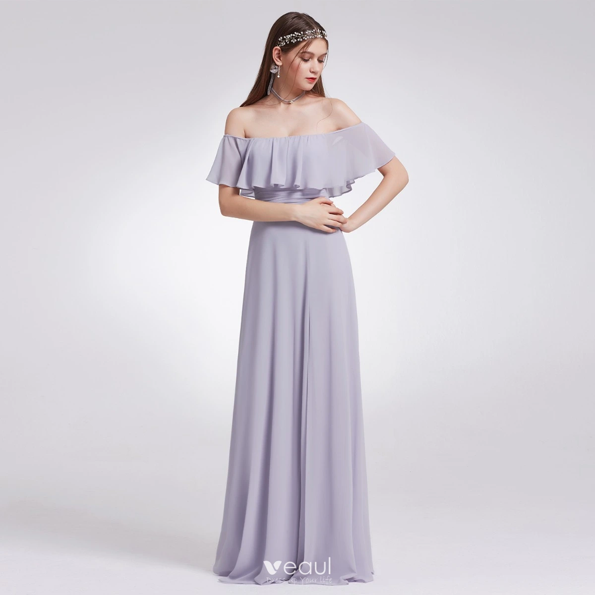 Modest Simple Lavender Chiffon Bridesmaid Dresses 2019 A-Line Princess Off-The-Shoulder