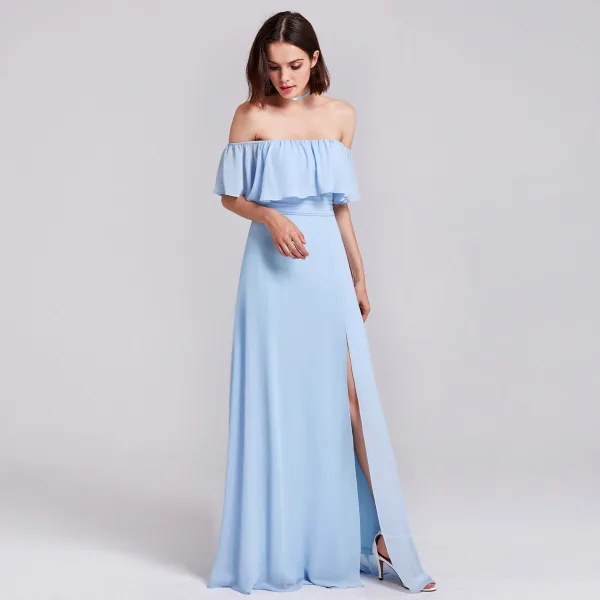 Schlicht Lavendel Chiffon Brautjungfernkleider 2019 A Linie Off Shoulder Kurze Ärmel Gespaltete Front Lange Rüschen Rückenfreies Kleider Für Hochzeit