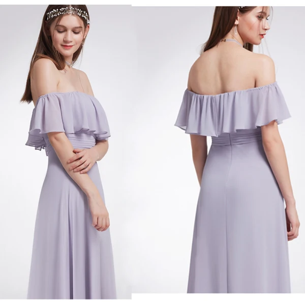 Schlicht Lavendel Chiffon Brautjungfernkleider 2019 A Linie Off Shoulder Kurze Ärmel Gespaltete Front Lange Rüschen Rückenfreies Kleider Für Hochzeit
