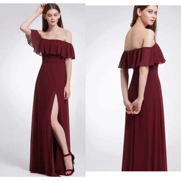 Schlicht Lavendel Chiffon Brautjungfernkleider 2019 A Linie Off Shoulder Kurze Ärmel Gespaltete Front Lange Rüschen Rückenfreies Kleider Für Hochzeit