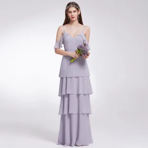 Modest Simple Lavender Chiffon Bridesmaid Dresses 2019 A Line Princess Spaghetti Straps Short Sleeve Floor Length Long Cascading Ruffles Backless Wedding Party Dresses