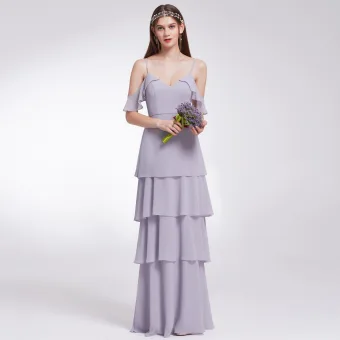 Modest Simple Lavender Chiffon Bridesmaid Dresses 2019 A Line Princess Spaghetti Straps Short Sleeve Floor Length Long Cascading Ruffles Backless Wedding Party Dresses