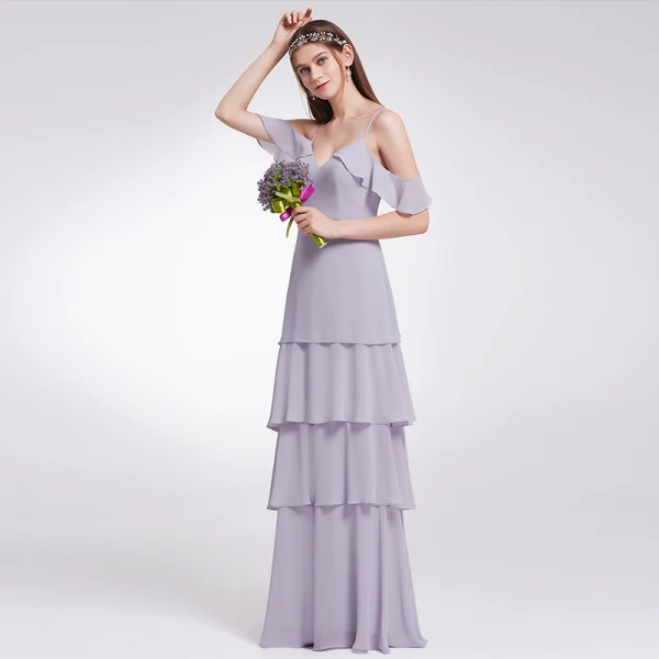 Enkel Lavendel Chiffon Brudepigekjoler 2019 Prinsesse Spaghetti Straps Kort Ærme Lange Cascading Flæser Halterneck Kjoler Til Bryllup