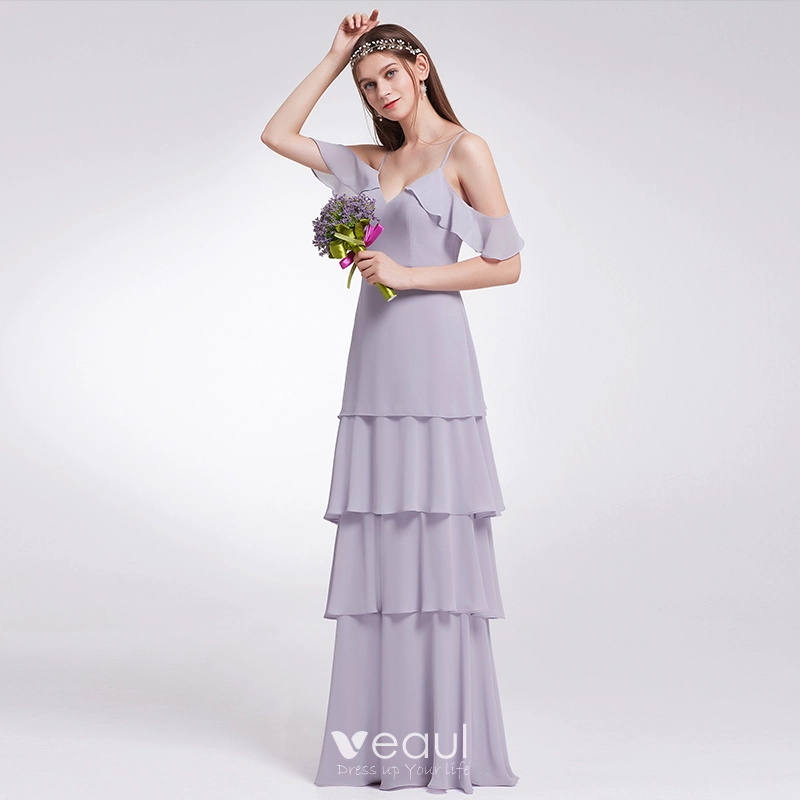 Modest Simple Lavender Chiffon Bridesmaid Dresses 2019 A Line Princess Spaghetti Straps Short Sleeve Floor Length Long Cascading Ruffles Backless Wedding Party Dresses