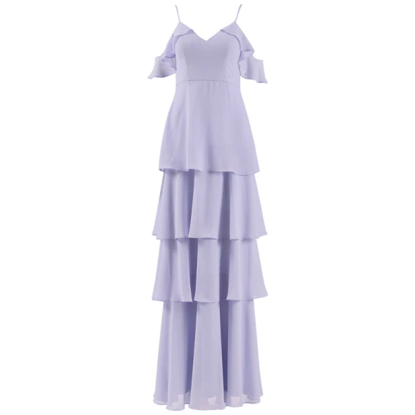Enkel Lavendel Chiffon Brudepigekjoler 2019 Prinsesse Spaghetti Straps Kort Ærme Lange Cascading Flæser Halterneck Kjoler Til Bryllup