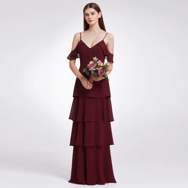 Enkel Lavendel Chiffon Brudepigekjoler 2019 Prinsesse Spaghetti Straps Kort Ærme Lange Cascading Flæser Halterneck Kjoler Til Bryllup