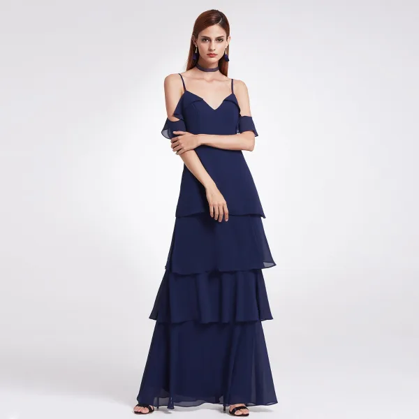 Enkel Lavendel Chiffon Brudepigekjoler 2019 Prinsesse Spaghetti Straps Kort Ærme Lange Cascading Flæser Halterneck Kjoler Til Bryllup