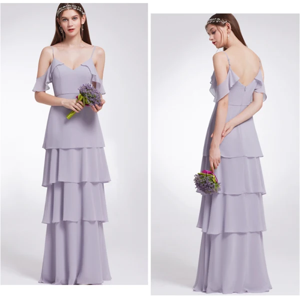 Enkel Lavendel Chiffon Brudepigekjoler 2019 Prinsesse Spaghetti Straps Kort Ærme Lange Cascading Flæser Halterneck Kjoler Til Bryllup