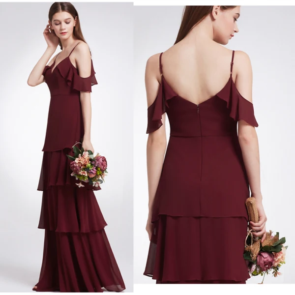 Enkel Lavendel Chiffon Brudepigekjoler 2019 Prinsesse Spaghetti Straps Kort Ærme Lange Cascading Flæser Halterneck Kjoler Til Bryllup