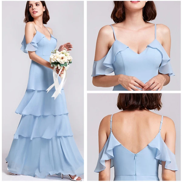 Enkel Lavendel Chiffon Brudepigekjoler 2019 Prinsesse Spaghetti Straps Kort Ærme Lange Cascading Flæser Halterneck Kjoler Til Bryllup