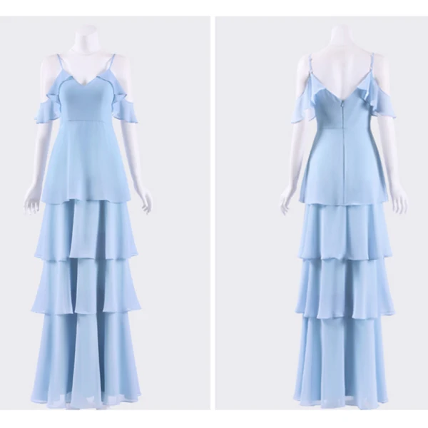 Enkel Lavendel Chiffon Brudepigekjoler 2019 Prinsesse Spaghetti Straps Kort Ærme Lange Cascading Flæser Halterneck Kjoler Til Bryllup